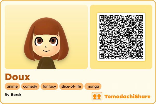 Doux, a female Mii  with tags: anime, comedy, fantasy, slice-of-life, manga