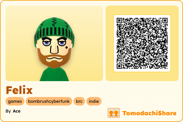 Felix, a male Mii  with tags: games, bombrushcyberfunk, brc, indie