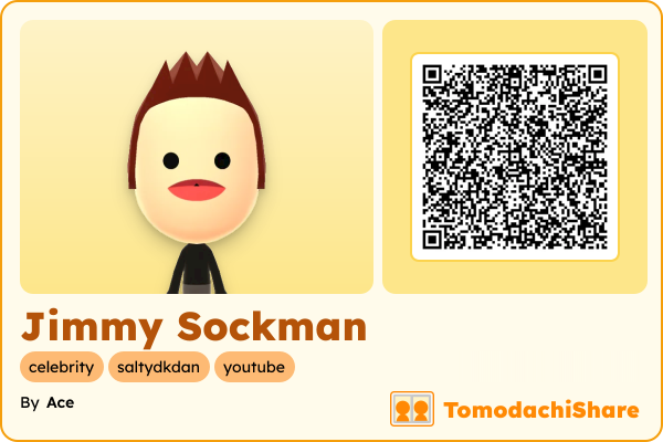Jimmy Sockman, a male Mii  with tags: celebrity, saltydkdan, youtube