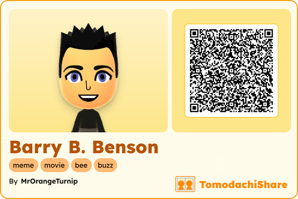 Barry B. Benson, a male Mii  with tags: meme, movie, bee, buzz