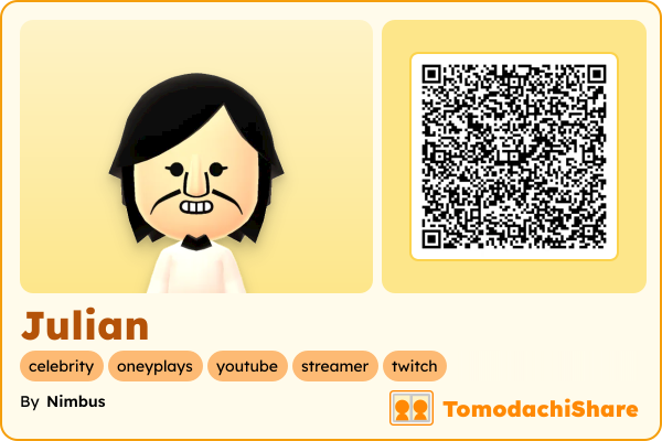 Julian, a male Mii  with tags: celebrity, oneyplays, youtube, streamer, twitch