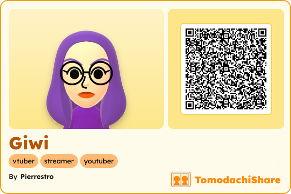 Giwi, a female Mii  with tags: vtuber, streamer, youtuber
