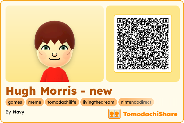 Hugh Morris - new, a male Mii  with tags: games, meme, tomodachilife, livingthedream, nintendodirect