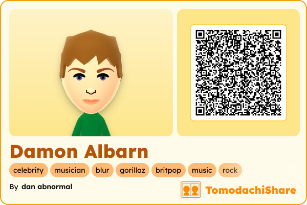 Damon Albarn, a male Mii  with tags: celebrity, musician, blur, gorillaz, britpop, music, rock