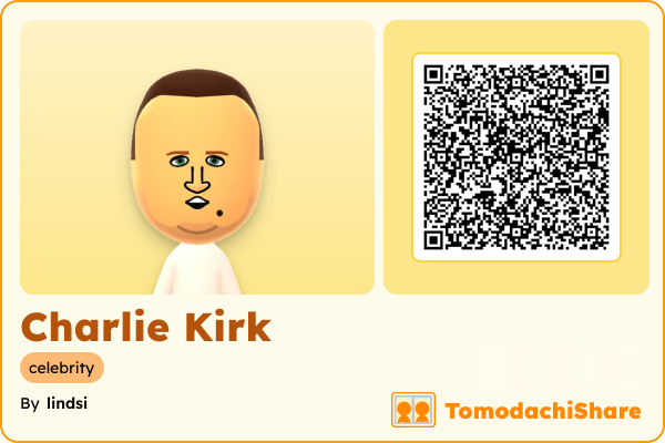 Charlie Kirk, a male Mii  with tags: celebrity