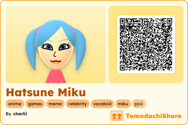 Hatsune Miku, a female Mii  with tags: anime, games, meme, celebrity, vocaloid, miku, pjsk