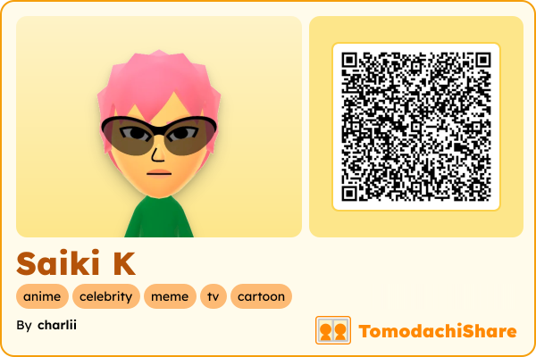 Saiki K, a male Mii  with tags: anime, celebrity, meme, tv, cartoon
