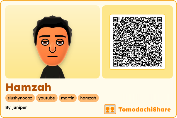 Hamzah, a male Mii  with tags: slushynoobz, youtube, martin, hamzah