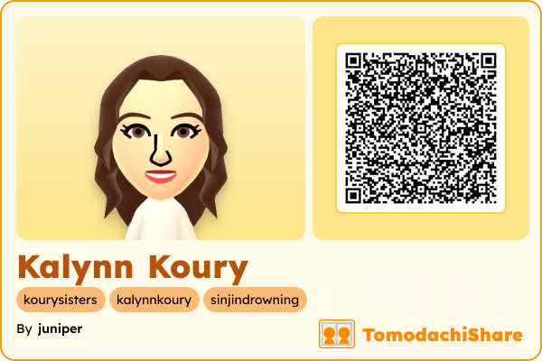 Kalynn Koury, a female Mii  with tags: kourysisters, kalynnkoury, sinjindrowning