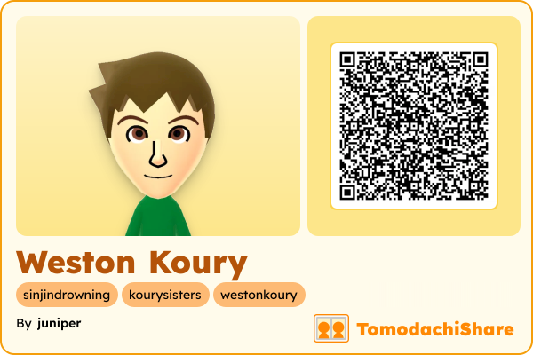 Weston Koury, a male Mii  with tags: sinjindrowning, kourysisters, westonkoury
