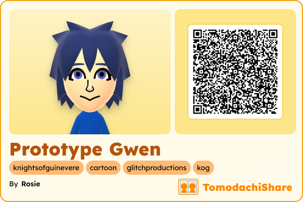 Prototype Gwen, a female Mii  with tags: knightsofguinevere, cartoon, glitchproductions, kog