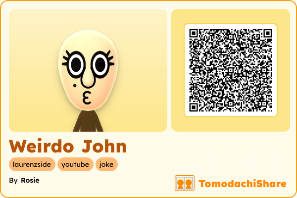 Weirdo John, a male Mii  with tags: laurenzside, youtube, joke