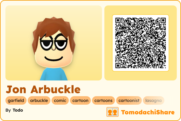 Jon Arbuckle, a male Mii  with tags: garfield, arbuckle, comic, cartoon, cartoons, cartoonist, lasagna