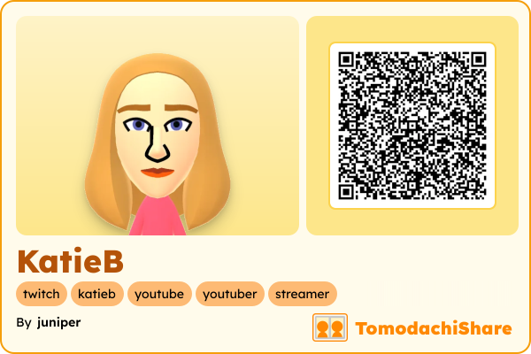 KatieB, a female Mii  with tags: twitch, katieb, youtube, youtuber, streamer