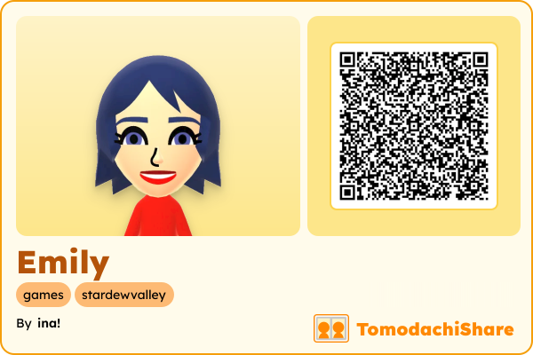Emily, a female Mii  with tags: games, stardewvalley