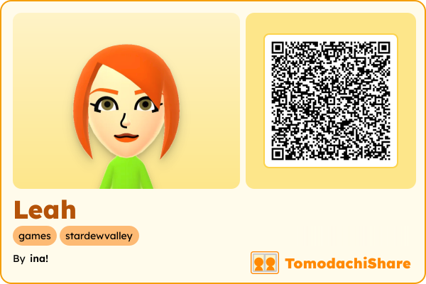 Leah, a female Mii  with tags: games, stardewvalley