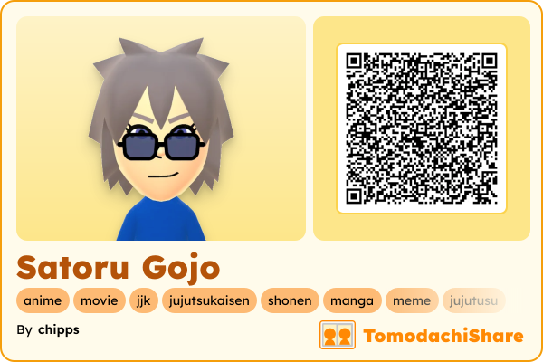 Satoru Gojo, a male Mii  with tags: anime, movie, jjk, jujutsukaisen, shonen, manga, meme, jujutusu