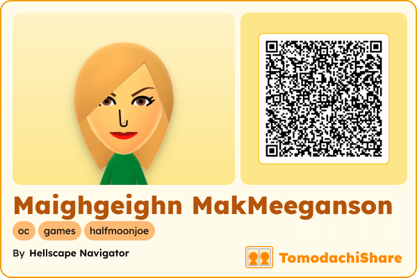 Maighgeighn MakMeeganson, a female Mii  with tags: oc, games, halfmoonjoe
