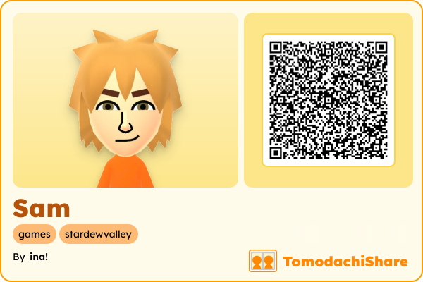 Sam, a male Mii  with tags: games, stardewvalley