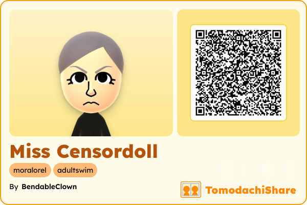 Miss Censordoll, a female Mii  with tags: moralorel, adultswim