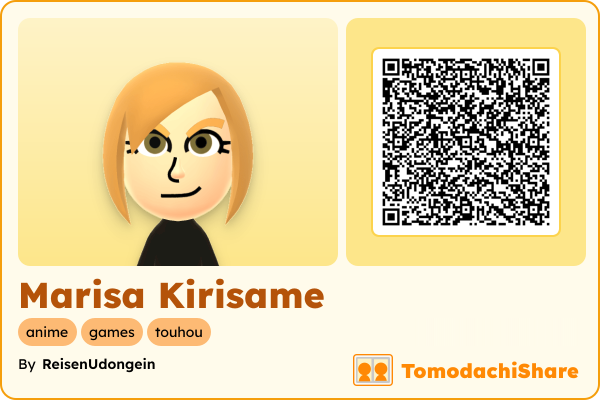 Marisa Kirisame, a female Mii  with tags: anime, games, touhou