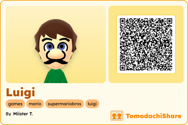 Luigi, a male Mii  with tags: games, mario, supermariobros, luigi