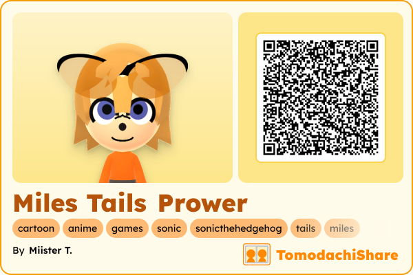 Miles Tails Prower, a male Mii  with tags: cartoon, anime, games, sonic, sonicthehedgehog, tails, miles
