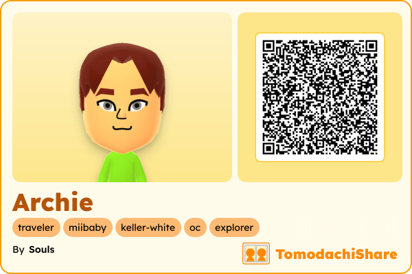 Archie, a male Mii  with tags: traveler, miibaby, keller-white, oc, explorer