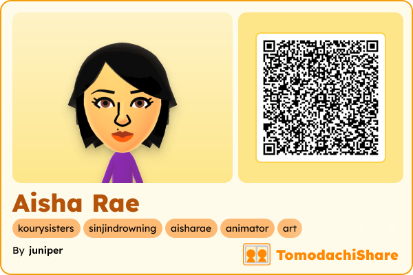 Aisha Rae, a female Mii  with tags: kourysisters, sinjindrowning, aisharae, animator, art