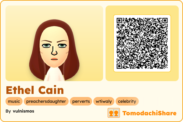 Ethel Cain, a female Mii  with tags: music, preachersdaughter, perverts, wtiwaly, celebrity