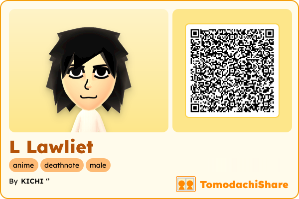 L Lawliet, a male Mii  with tags: anime, deathnote, male