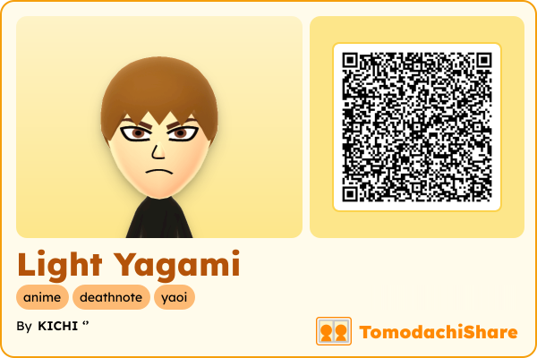 Light Yagami, a female Mii  with tags: anime, deathnote, yaoi