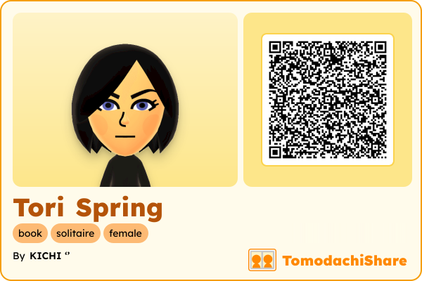 Tori Spring, a female Mii  with tags: book, solitaire, female