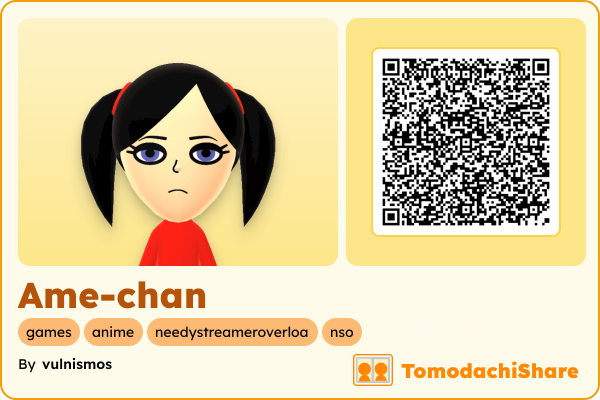Ame-chan, a female Mii  with tags: games, anime, needystreameroverloa, nso