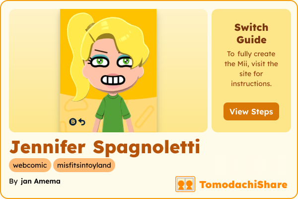 Jennifer Spagnoletti, a female Mii  with tags: webcomic, misfitsintoyland