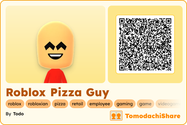 Roblox Pizza Guy, a male Mii  with tags: roblox, robloxian, pizza, retail, employee, gaming, game, videogame