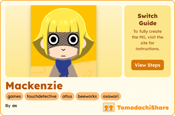 Mackenzie, a female Mii  with tags: games, touchdetective, atlus, beeworks, osawari