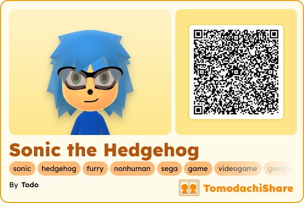 Sonic the Hedgehog, a male Mii  with tags: sonic, hedgehog, furry, nonhuman, sega, game, videogame, gaming