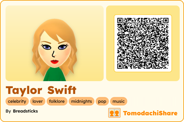 Taylor Swift, a female Mii  with tags: celebrity, lover, folklore, midnights, pop, music
