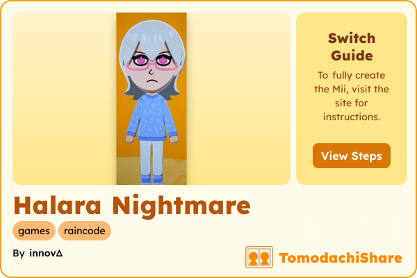 Halara Nightmare, a nonbinary Mii  with tags: games, raincode
