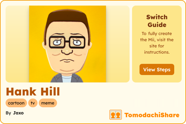 Hank Hill, a male Mii  with tags: cartoon, tv, meme