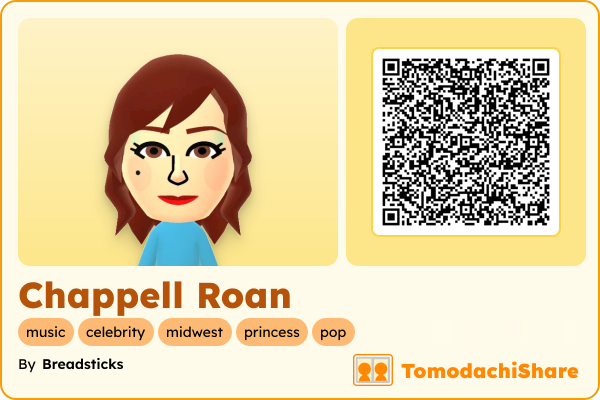 Chappell Roan, a male Mii  with tags: music, celebrity, midwest, princess, pop