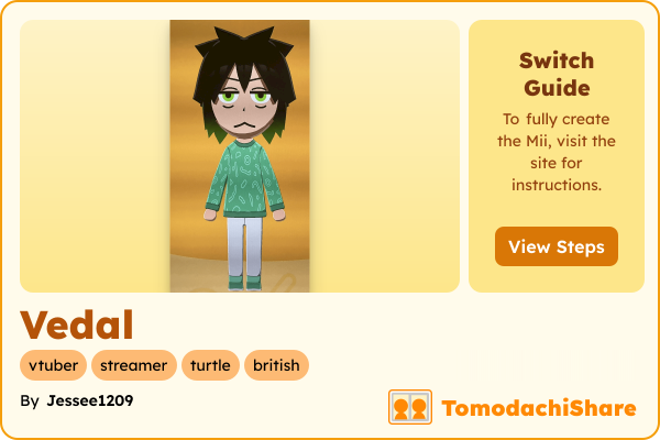 Vedal, a male Mii  with tags: vtuber, streamer, turtle, british