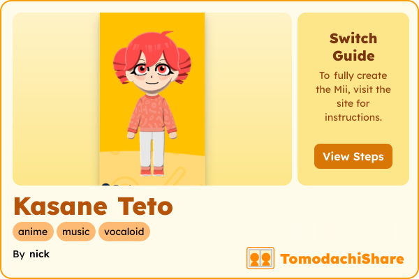 Kasane Teto, a female Mii  with tags: anime, music, vocaloid