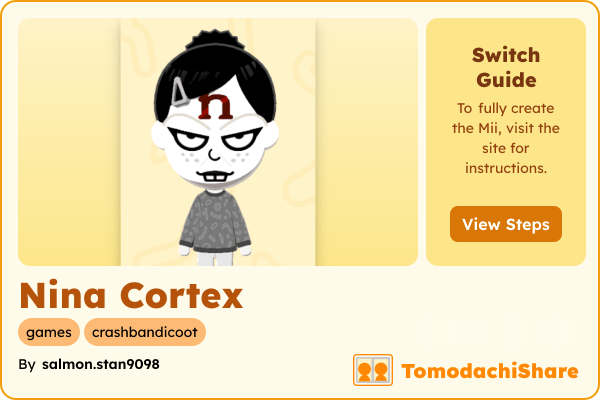 Nina Cortex, a female Mii  with tags: games, crashbandicoot