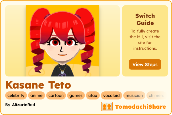 Kasane Teto, a male Mii  with tags: celebrity, anime, cartoon, games, utau, vocaloid, musician, chimera