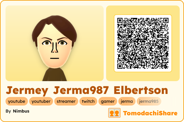 Jermey Jerma987 Elbertson, a male Mii  with tags: youtube, youtuber, streamer, twitch, gamer, jerma, jerma985