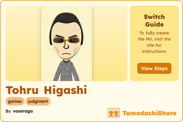 Tohru Higashi, a male Mii  with tags: games, judgment