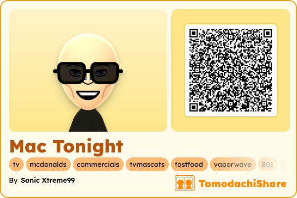 Mac Tonight, a male Mii  with tags: tv, mcdonalds, commercials, tvmascots, fastfood, vaporwave, 80s, mascot