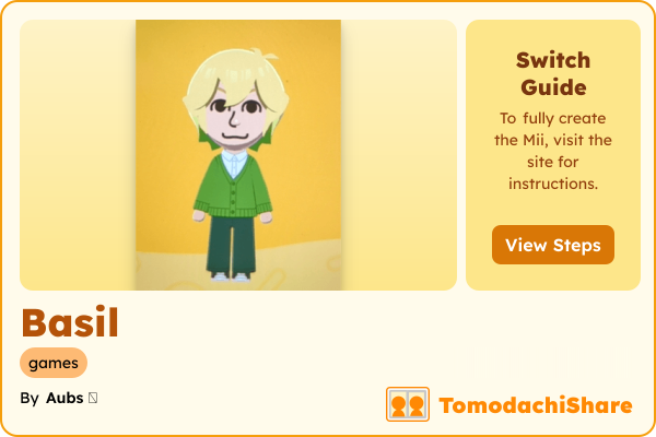 Basil, a male Mii  with tags: games